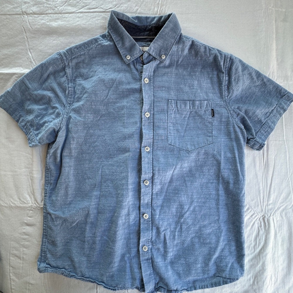 Hurley Mens‎ Blue Slub Cotton Short Sleeve Button Down Shirt Medium HMS22-03426